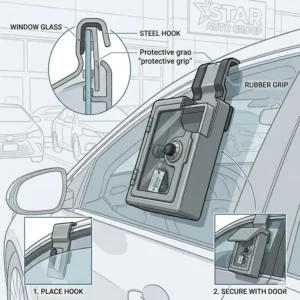 Detailed diagram of a car lot key lock box showing the secure window hook attachment.
