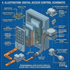 An illustration of a modern auto dealer key box featuring a programmable electronic keypad for secure multi-user access.