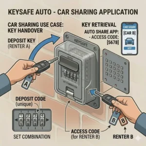 Conceptual illustration of using an auto key safe for secure vehicle key handovers in car-sharing services.