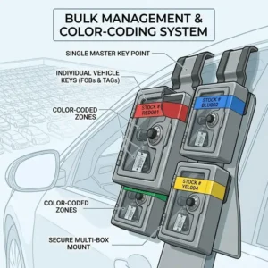 Multiple units of car lot key lock box used for efficient dealership inventory management.