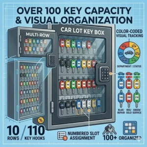 An educational illustration comparing different digital and manual locking mechanisms for a car lot key box.