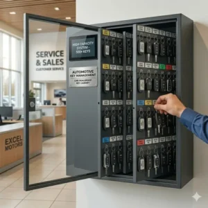 A large-scale car dealership key cabinet designed for high-capacity vehicle inventory management.