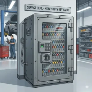 Illustration 5: Heavy-duty steel vault designed for high-security dealer key storage in service areas.