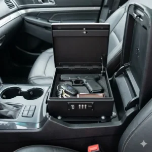 Illustration 5: A steel security lockbox for cars mounted inside a center console for storing valuables and handguns.