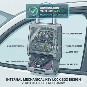Detailed internal mechanical design of a secure key lock box for car dealers showing the combination lock.