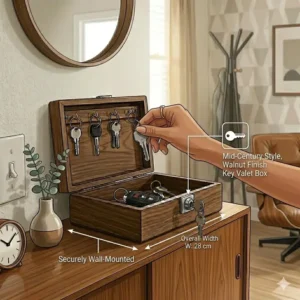 A person reaching for their keys from a key valet box while heading out the door.