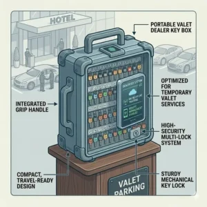 A compact and portable dealer key box with a handle, ideal for valet services or temporary event parking.