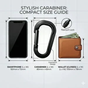 Illustration 5: A diagram comparing the compact size of a stylish carabiner to common everyday items like a smartphone and wallet.