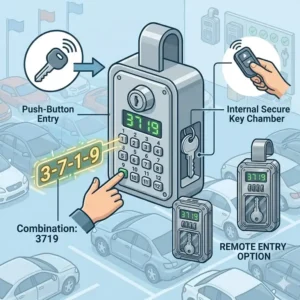 Diagram of a push-button combination dealer key lock box for keyless entry.