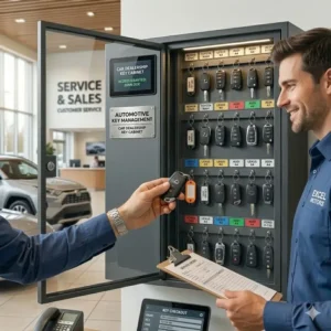Sales staff efficiently retrieving vehicle remotes from a car dealership key cabinet.