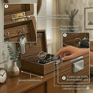 A close-up illustration highlighting the handcrafted wood joinery and magnetic closure of a premium key valet box.