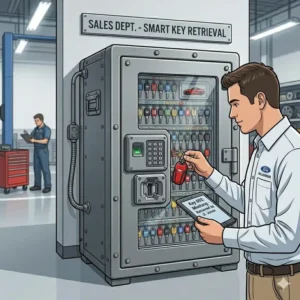 Illustration 6: Car dealership employee retrieving a vehicle remote from a smart dealer key storage cabinet.