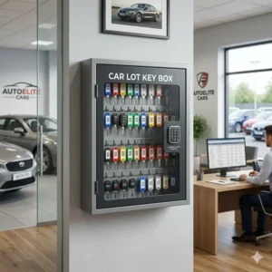 A step-by-step installation guide showing how to securely mount a car lot key box on a structural wall.