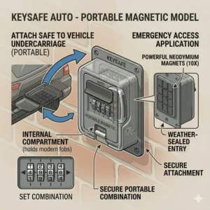 Illustration of a portable magnetic auto key safe attached to a vehicle's undercarriage for emergency access.