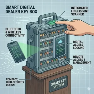 Illustration of a smart dealer key box with Bluetooth connectivity and digital access logging.