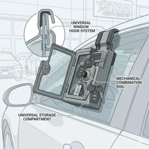 A universal car lot key lock box holding various types of car keys and smart fobs.