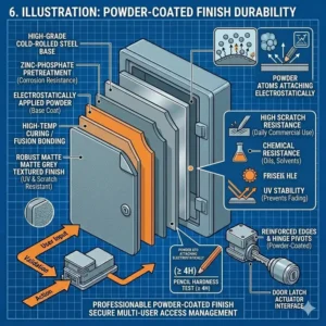 A close-up illustration of the scratch-resistant powder-coated finish on a professional-grade auto dealer key box.