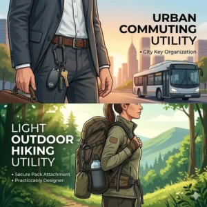 Illustration 6: Illustration depicting a stylish carabiner being used for both urban commuting and light outdoor hiking activities.