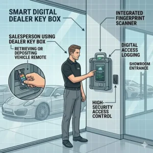 A car dealership employee retrieving a vehicle remote from a wall-mounted dealer key box in a showroom.
