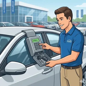 Authorized staff accessing a car lot key lock box to retrieve keys for a test drive.