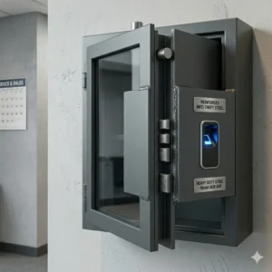 Close-up of the reinforced anti-theft steel construction of a car dealership key cabinet.