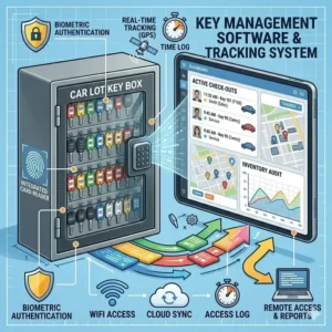An illustration of a car lot key box with LED internal lighting for high visibility during nighttime operations.