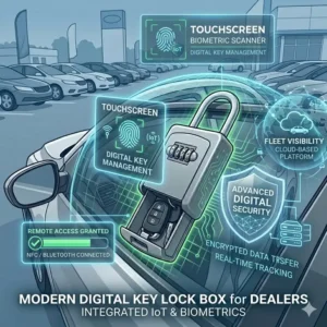 A modern digital and smart key lock box for car dealers featuring advanced electronic access control.