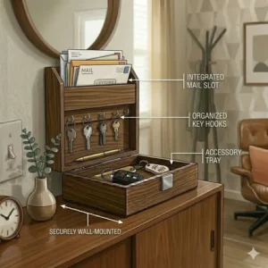 An illustration of a multifunctional key valet box featuring an integrated mail sorter and accessory tray.