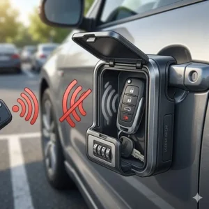 Illustration 7: An illustration showing an RFID-blocking lockbox for cars preventing signal theft from a keyless entry fob.