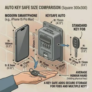 Size comparison chart showing the compact dimensions of a standard auto key safe.