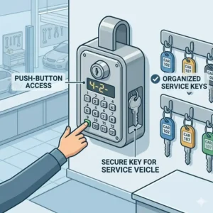 Illustration of a wall-mounted dealer key lock box for service department organization.