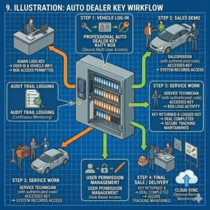 A conceptual illustration showing an auto dealer key box integrated into a dealership sales office for streamlined vehicle key tracking.