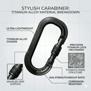 Illustration 7: A detailed breakdown of the high-quality titanium alloy materials used to create a lightweight, stylish carabiner.