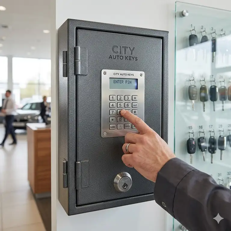A heavy-duty wall-mounted automotive key box for dealerships featuring a digital keypad and organized rows of car keys.