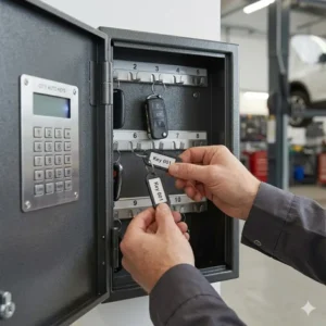 Illustration of a high-security automotive key box locking mechanism showing a reinforced steel deadbolt system.