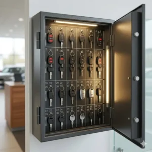 Interior view of an automotive key box showing numbered hooks for efficient car key organization.