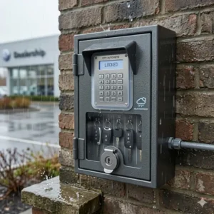 A weatherproof automotive key box installed on an exterior wall with a protective silicone cover.