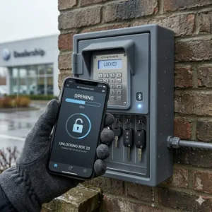A digital automotive key box being unlocked using a smartphone app via Bluetooth connectivity.