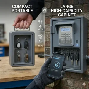 Side-by-side comparison of a compact portable automotive key box and a large high-capacity cabinet.