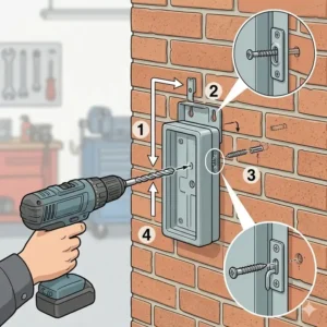 Diagram showing the step-by-step mounting process of an automotive key box onto a brick wall.