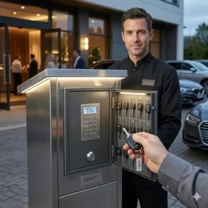 A valet attendant retrieving a key from an automotive key box at a high-end restaurant entrance.