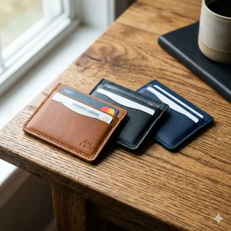A lifestyle setting showing a collection of premium leather card holders in various colors on a wooden desk.