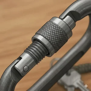 Technical close-up showing the screw gate of a keychain carabiner locking in its fully secured position.