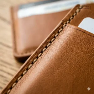 A close-up technical illustration of the durable hand-stitching on high-quality leather card holders.
