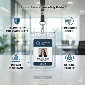 Transparent heavy-duty plastic key card holder with reinforced edges for badge protection.