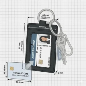Technical diagram showing the exact dimensions of a standard id card holder keychain.