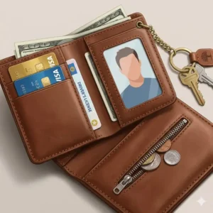 Open leather wallet with keyring showing internal credit card slots and bill compartment.