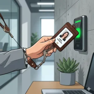 Using a retractable id holder and keychain to scan an office entry badge.
