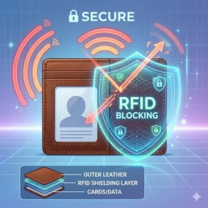 Close-up illustration of an id card wallet with RFID blocking technology protecting personal data from electronic theft.