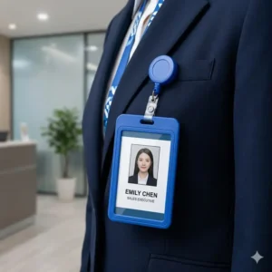 Professional blue plastic id card card holder clipped to a corporate uniform.